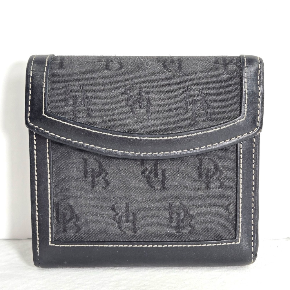 Dooney Bourke Black Leather Canvas Logo Signature Tri‎ Fold Coin Wallet READ